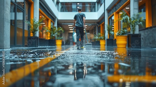 A diligent worker cleans the wet floor in a colorful corridor filled with vibrant plants, creating a welcoming atmosphere