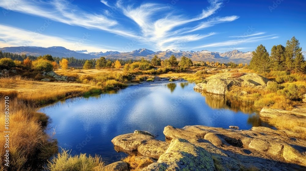 Serene Mountain Landscape with Clear Reflections in Still Water and Vibrant Autumn Foliage Beneath a Bright Blue Sky and Wispy Clouds Serene Mountain Landscape with Clear Reflections in Still Water and Vibrant Autumn Foliage Beneath a Bright Blue Sky and Wispy Clouds