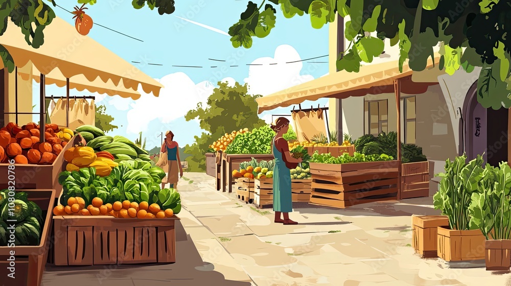 Fototapeta premium A woman shopping for fresh produce at an outdoor market