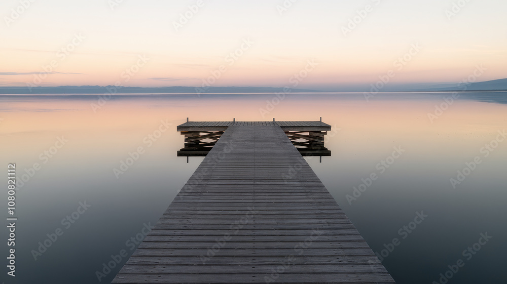 Fototapeta premium A serene wooden dock extends into calm waters at dusk, creating a tranquil scene with soft pastel colors reflecting on the surface.