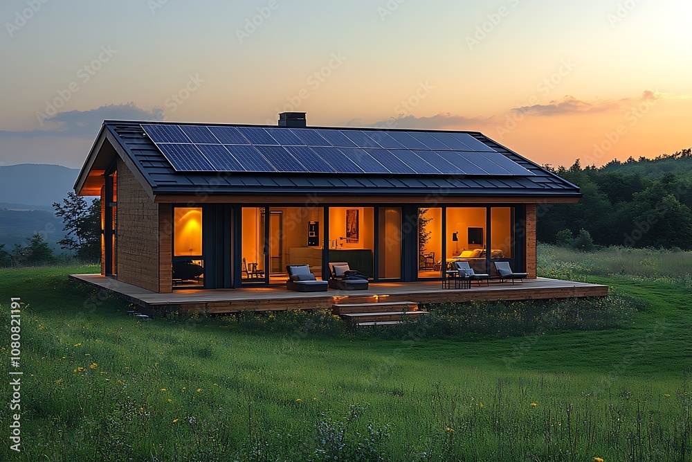 Modern eco-friendly house with solar panels at sunset Modern eco-friendly house with solar panels at sunset