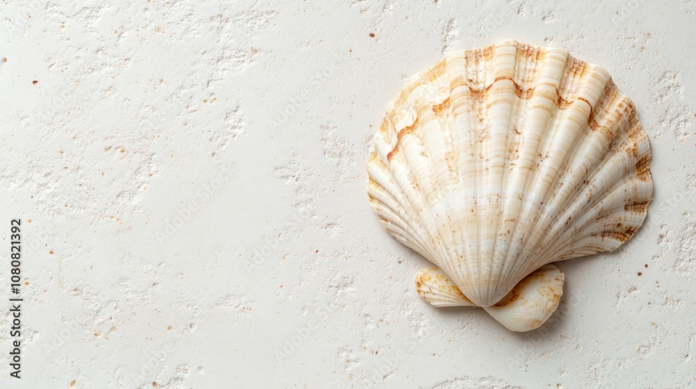 Beautifully textured white seashell resting on a soft, sandy background, showcasing intricate patterns and natural design elements suitable for beach or marine themes. Beautifully textured white seashell resting on a soft, sandy background, showcasing intricate patterns and natural design elements suitable for beach or marine themes.
