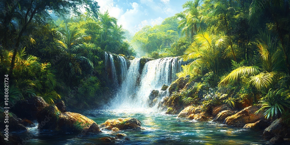 Lush jungle with cascading waterfall and sunlit foliage. Lush jungle with cascading waterfall and sunlit foliage.