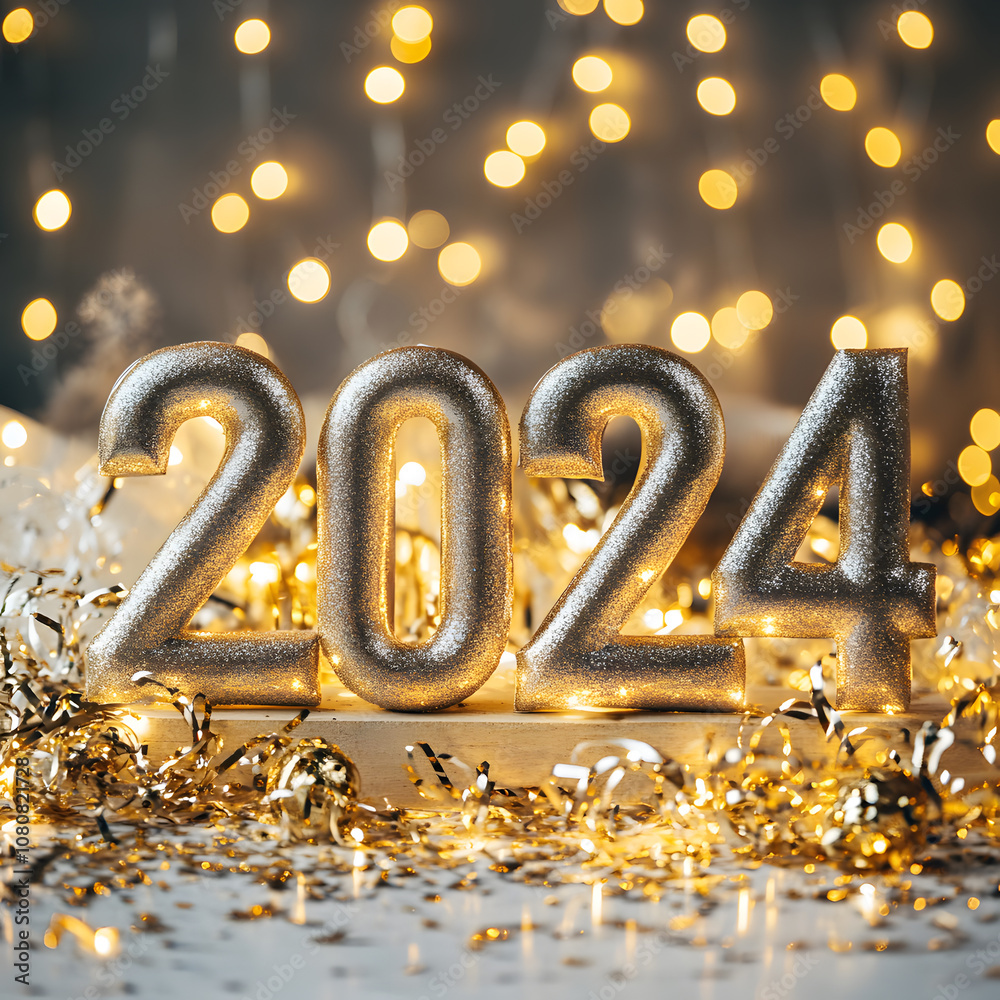 Sparkling New Year 2024 celebration with glittering decorations and warm lights creating a festive atmosphere Sparkling New Year 2024 celebration with glittering decorations and warm lights creating a festive atmosphere