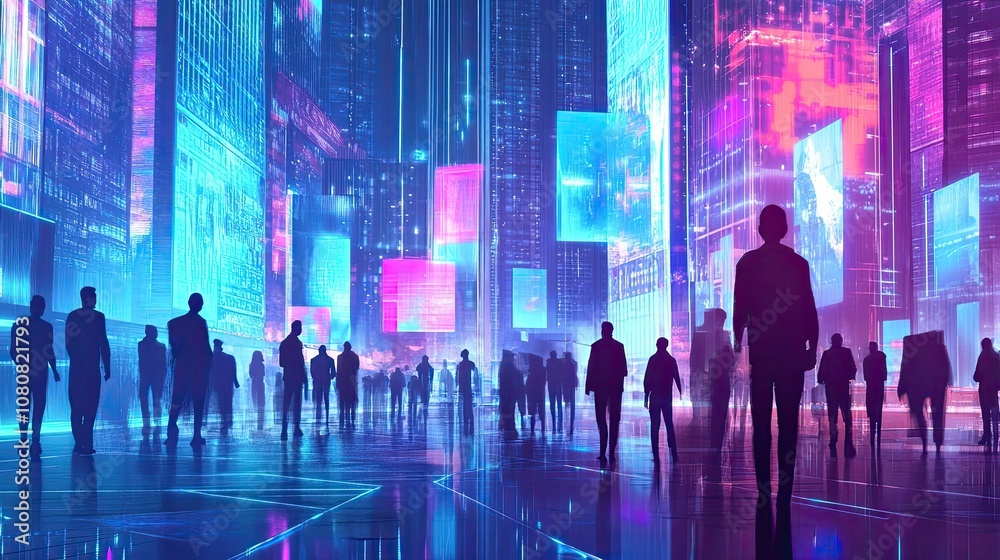 Silhouetted figures walking through a neon-lit cityscape. Silhouetted figures walking through a neon-lit cityscape.