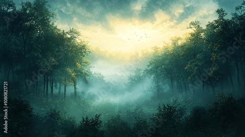 A serene and peaceful forest landscape at dawn, with misty fog rolling over the trees