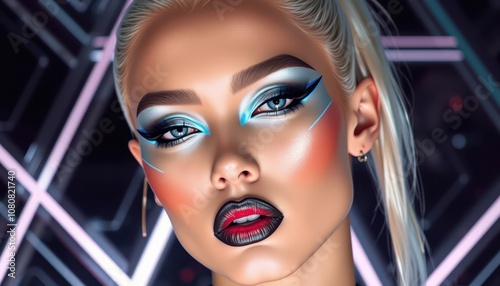 Futuristic Glamour: Stunning Beauty Portrait with Bold Makeup and Illuminating Colors