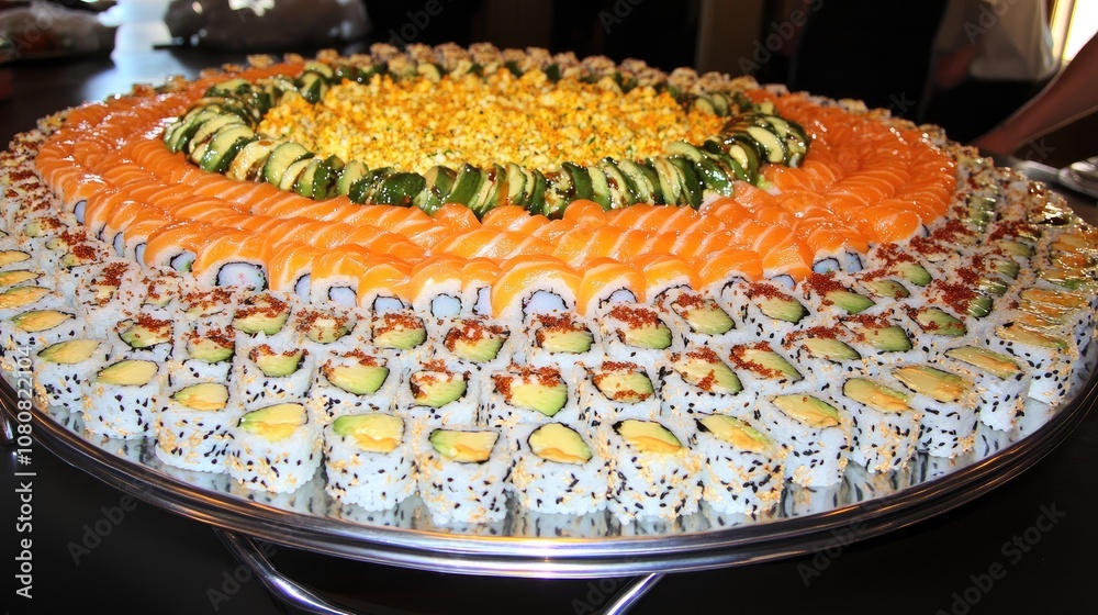 Fototapeta premium Vibrant Platter of Assorted Sushi Rolls with Fresh Ingredients, Perfect for Events, Parties, or Japanese Cuisine Lovers Enjoying Culinary Arts