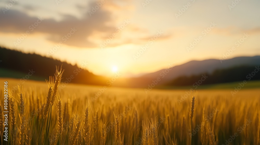 A serene sunset over a golden wheat field, capturing the essence of nature's beauty, ideal for agricultural themes, relaxation, or seasonal marketing materials, A serene sunset over a golden wheat field, capturing the essence of nature's beauty, ideal for agricultural themes, relaxation, or seasonal marketing materials,