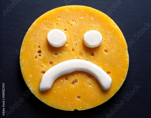 A cheese shaped like a sad emoji represents a sad person that has a dietary need and can't eat milk or lactose because is intolerant photo