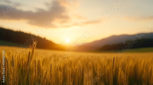 A serene sunset over a golden wheat field, capturing the essence of nature's beauty, ideal for agricultural themes, relaxation, or seasonal marketing materials,