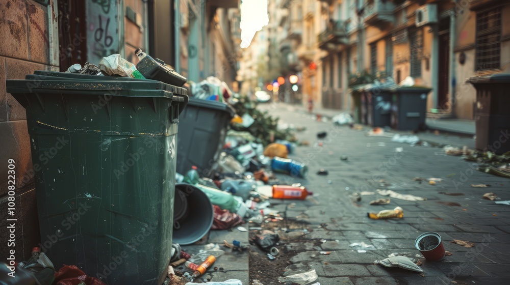 Overflowing trash bins and scattered litter populate a narrow urban street, bathed in the warm glow of evening light, revealing the hidden story of the city Overflowing trash bins and scattered litter populate a narrow urban street, bathed in the warm glow of evening light, revealing the hidden story of the city