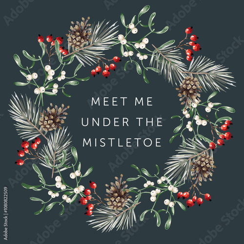 Christmas wreath with text, black background. Mistletoe, green pine twigs, cones, red berries. Vector illustration. Nature design. Greeting card, poster template. Winter holidays