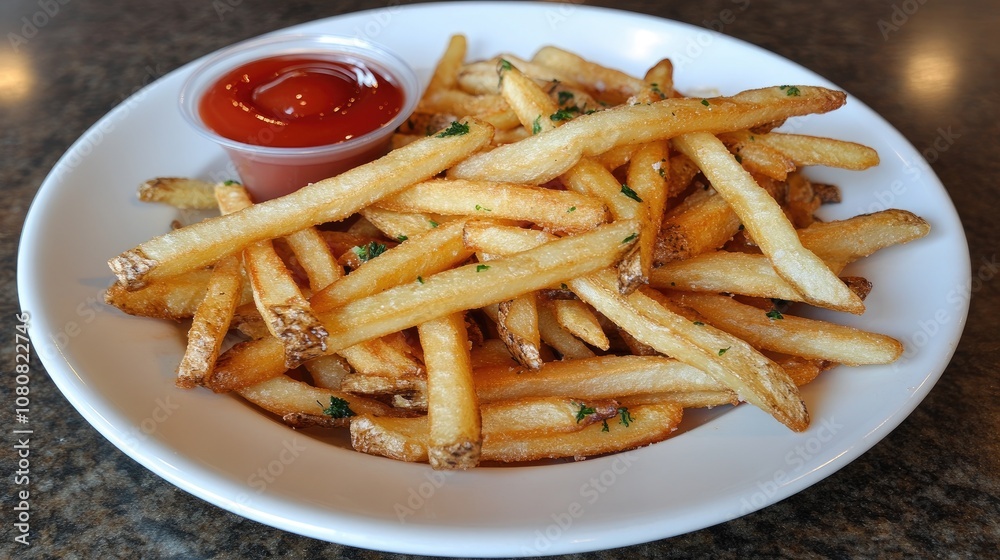 Crispy Golden French Fries with a Side of Ketchup Served on a White Plate in a Casual Dining Setting Crispy Golden French Fries with a Side of Ketchup Served on a White Plate in a Casual Dining Setting