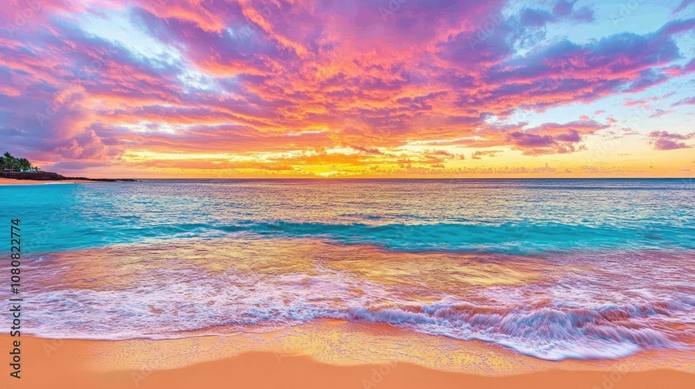 Breathtaking Sunset Over the Tranquil Ocean Waves Reflecting Vivid Colors of Pink, Purple, and Blue with Gentle Shoreline in the Foreground Breathtaking Sunset Over the Tranquil Ocean Waves Reflecting Vivid Colors of Pink, Purple, and Blue with Gentle Shoreline in the Foreground