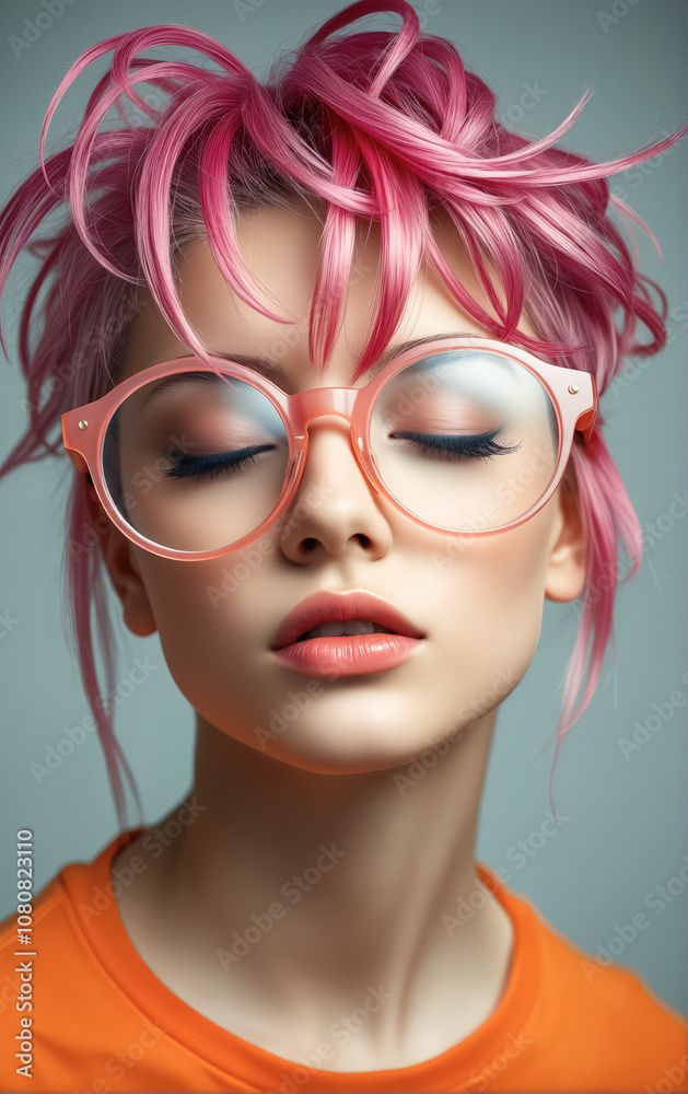 Young Woman with Short Pink Hair, Round Glasses, and Orange Shirt Against Solid Light Gray Background Young Woman with Short Pink Hair, Round Glasses, and Orange Shirt Against Solid Light Gray Background