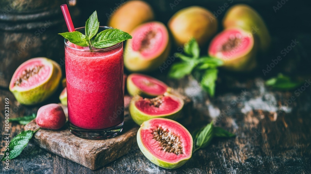 Refreshing Tropical Smoothie with Guava, Mint, and Strawberries Surrounded by Fresh Guava Fruit on a Rustic Wooden Table