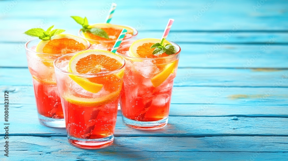 Refreshing Summer Cocktail with Slices of Orange and Fresh Mint Leaves Served Over Ice in Clear Glasses on a Rustic Blue Wooden Table Refreshing Summer Cocktail with Slices of Orange and Fresh Mint Leaves Served Over Ice in Clear Glasses on a Rustic Blue Wooden Table