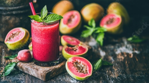Wallpaper Mural Refreshing Tropical Smoothie with Guava, Mint, and Strawberries Surrounded by Fresh Guava Fruit on a Rustic Wooden Table Torontodigital.ca