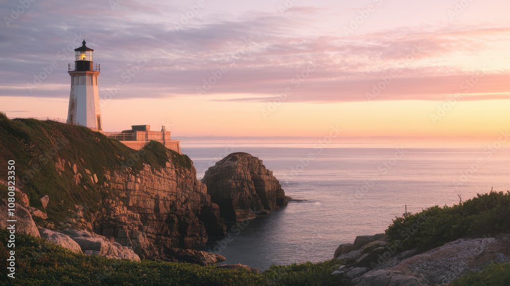 A serene coastal sunrise casts a warm glow on a historic lighthouse overlooking rocky shores, with soft clouds reflecting in the calm waters. A serene coastal sunrise casts a warm glow on a historic lighthouse overlooking rocky shores, with soft clouds reflecting in the calm waters.