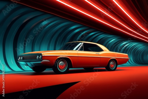 Retro poster-style illustration of a classic car with muted colors and bold typography, 1970s aesthetic