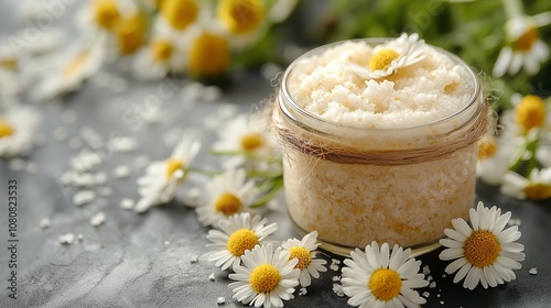 Natural Spa Ingredients: Close-Up of Exfoliating Salt Scrub in Glass Jar Surrounded by Fresh White Daisies on Dark Surface for Relaxation and Pampering