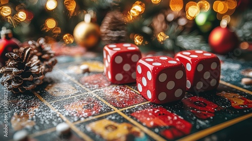 Festive casino dice on snow-dusted game board with holiday decor photo