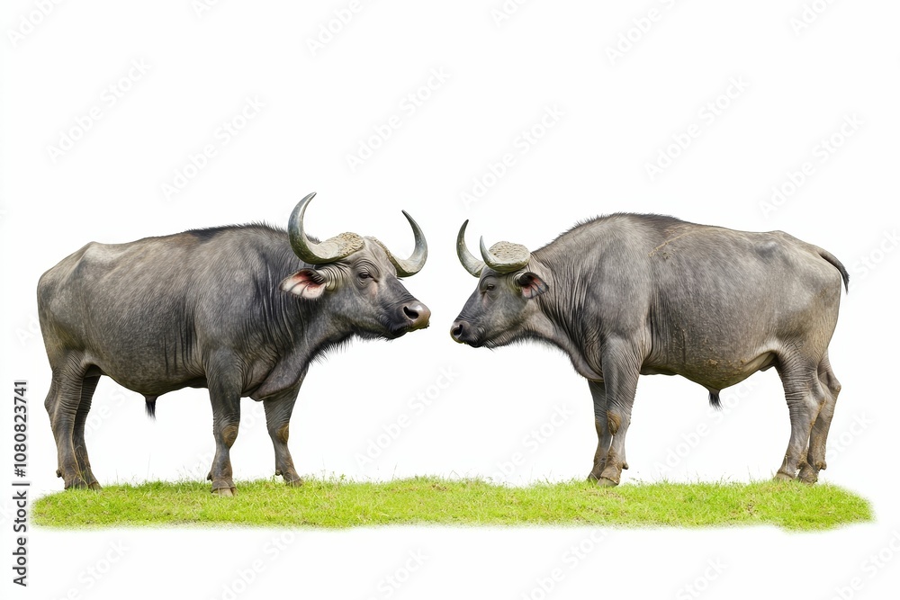 Obraz premium Two water buffalo facing each other.
