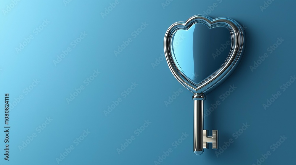 Shiny Heart-Shaped Key Against a Soft Blue Background, Symbolizing Love, Care, and Security in a Minimalist Style Perfect for Romantic Themes and Design Projects Shiny Heart-Shaped Key Against a Soft Blue Background, Symbolizing Love, Care, and Security in a Minimalist Style Perfect for Romantic Themes and Design Projects