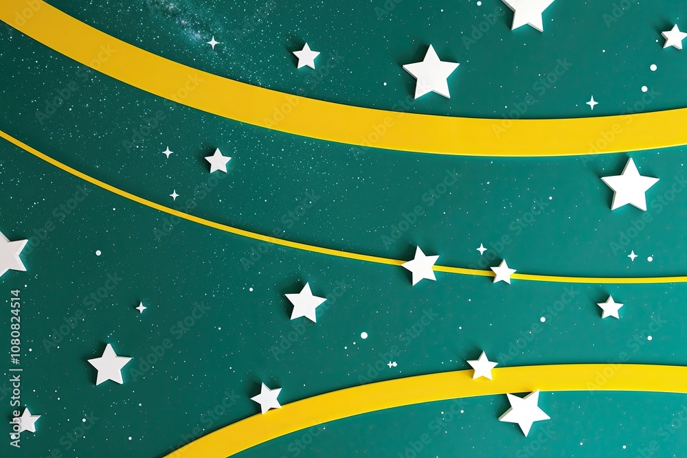 Naklejka premium Teal Cosmic Background with White Stars and Curved Lines on Bright Yellow Canvas