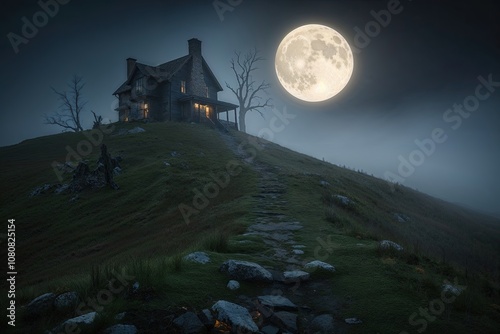 Mysterious Halloween Hilltop with Fog and Waning Moon