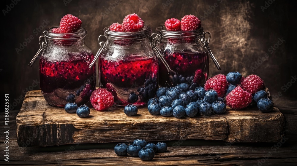 Fresh Berries in Glass Jars with Homemade Jams on Rustic Wooden Board, Featuring Raspberries and Blueberries Against Dark Background