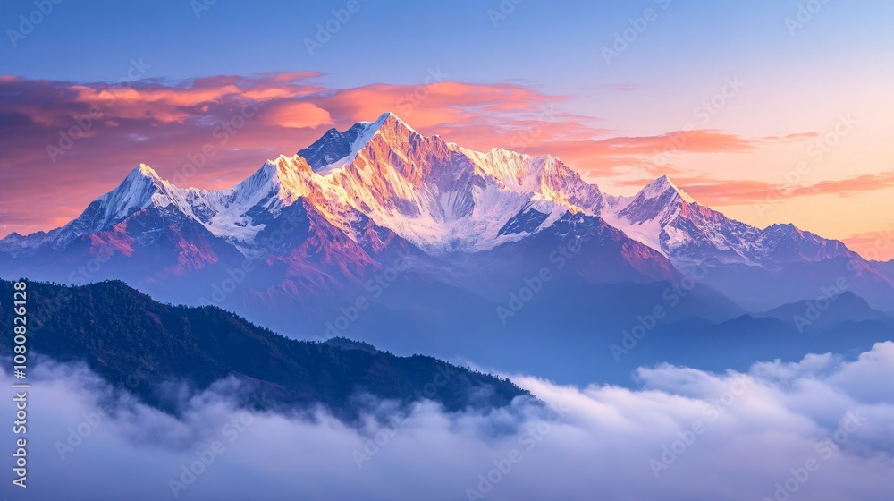 A stunning mountain range at sunrise, with snow-capped peaks and a misty atmosphere A stunning mountain range at sunrise, with snow-capped peaks and a misty atmosphere