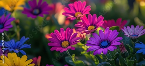 Colorful daisies blooming in garden, vibrant pink, purple, yellow flowers, lush green background, sunny atmosphere