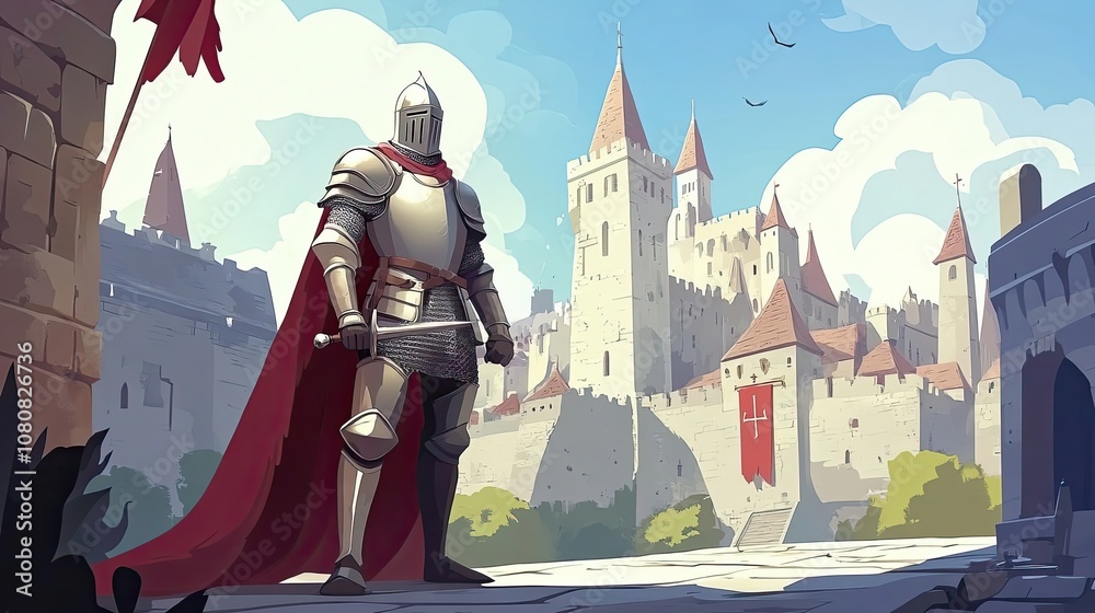 Naklejka premium A Knight in Shining Armor Standing Before a Majestic Castle