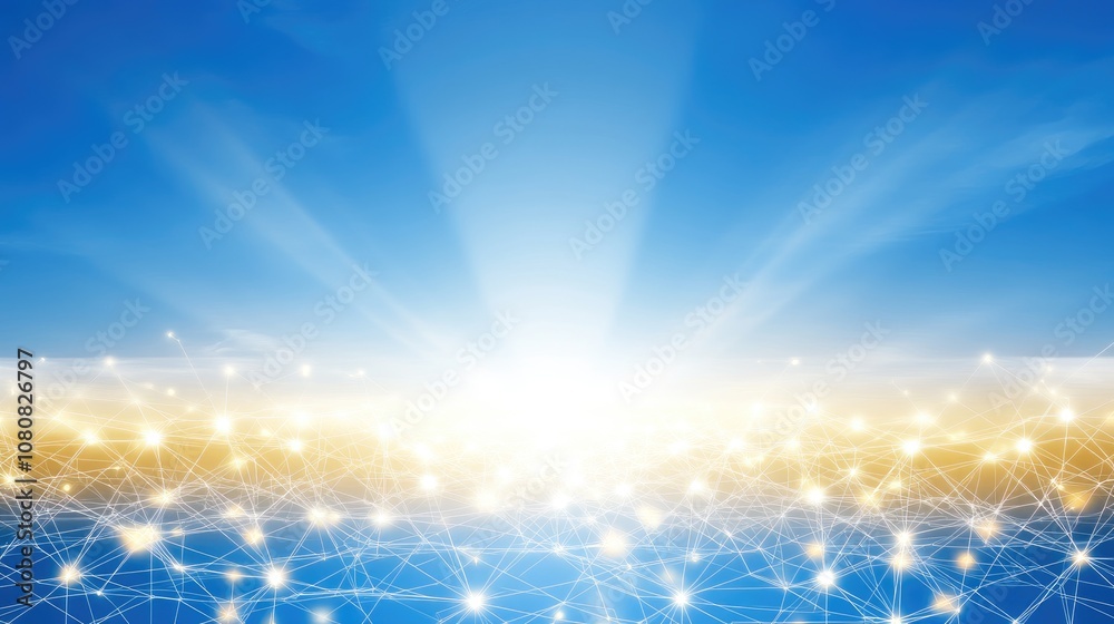 Bright Horizon Over Calm Waters with Glowing Lights and Radiant Sunburst Creating a Serene Atmosphere for Background or Conceptual Use Bright Horizon Over Calm Waters with Glowing Lights and Radiant Sunburst Creating a Serene Atmosphere for Background or Conceptual Use