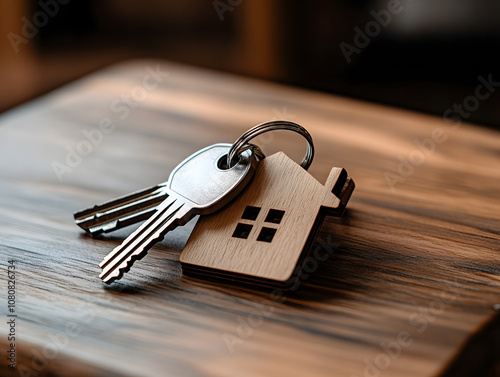 Llaves de casa con llavero de madera en forma de casa