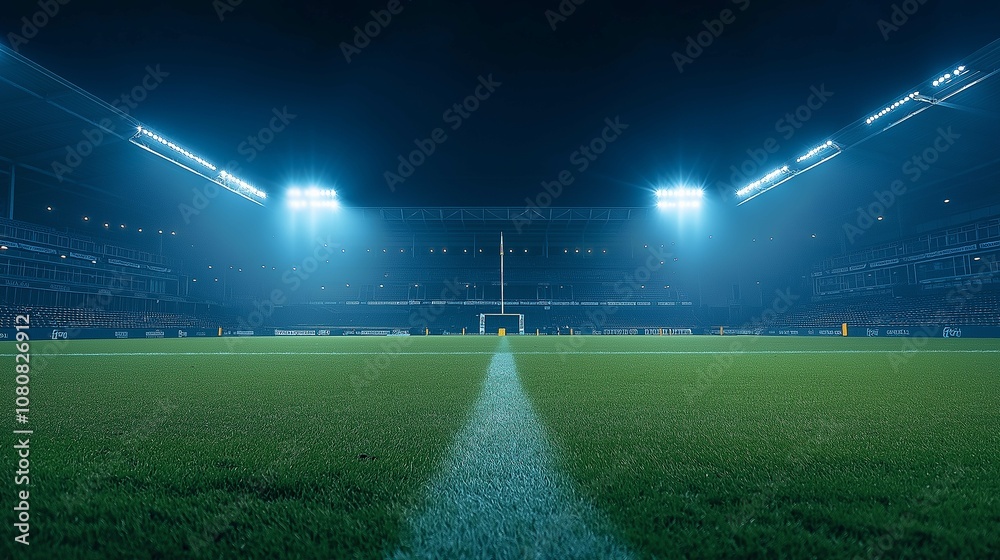 A Dramatic Night Scene of a Sports Stadium with Illuminated Field and Empty Stands Ready for an Upcoming Game Under a Starry Sky A Dramatic Night Scene of a Sports Stadium with Illuminated Field and Empty Stands Ready for an Upcoming Game Under a Starry Sky