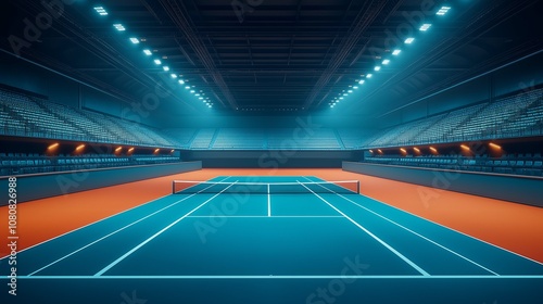 A Modern Indoor Tennis Court with Bright Lights and Empty Stands, Showcasing a Vibrant Blue and Orange Color Scheme for Sports Enthusiasts and Photographers