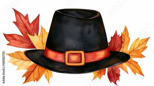 Thanksgiving concept. black pilgrim hat surrounded by autumn leaves in vibrant colors photo