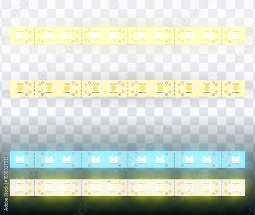 Led strips with neon glow effect isolated on transparent background. Vector realistic set.