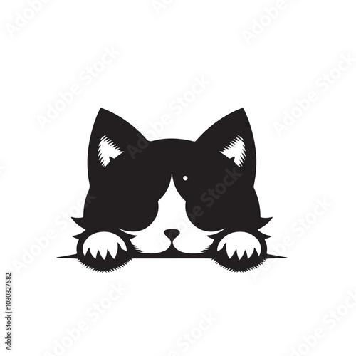 Cat peaking head vector design. Peaking cat head silhouette black and white. Peaking cat logo, icon.