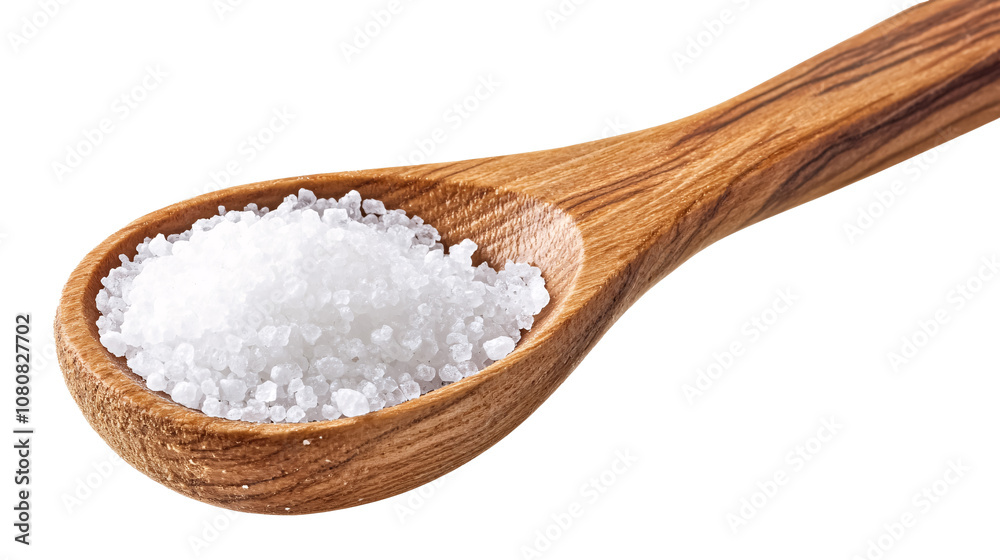 Salt in a wooden spoon isolated against a white background Salt in a wooden spoon isolated against a white background