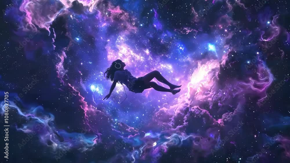 Beautiful anime girl floating in space with stars, listening to lofi hip hop music with headphones. Video Beautiful anime girl floating in space with stars, listening to lofi hip hop music with headphones. Video