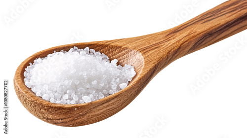 Salt in a wooden spoon isolated against a white background