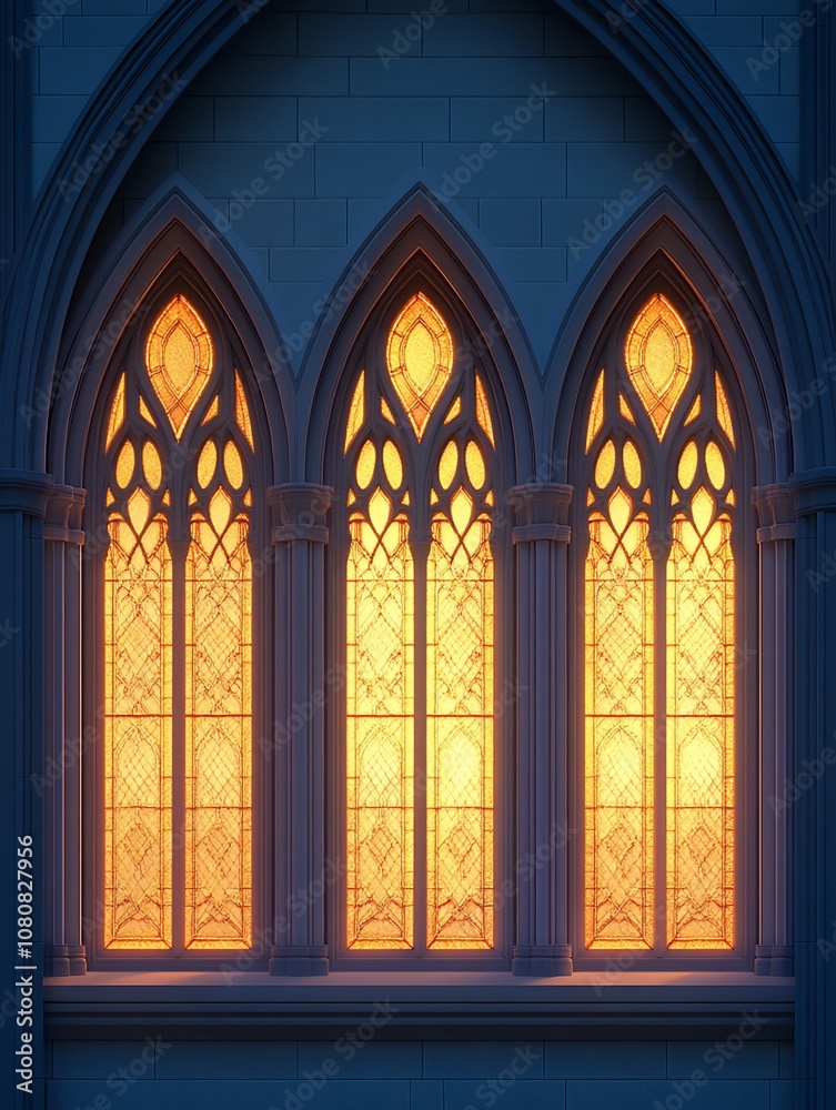 Gothic Church Windows Illuminated by Golden Light Gothic Church Windows Illuminated by Golden Light