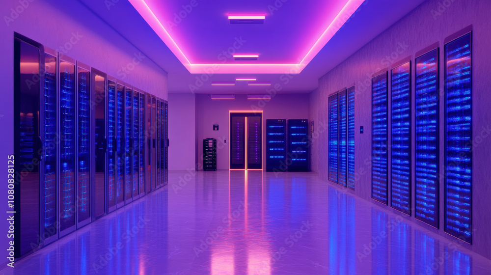 Futuristic server room with vibrant neon lights and sleek design, showcasing advanced technology and hyper clean environment Futuristic server room with vibrant neon lights and sleek design, showcasing advanced technology and hyper clean environment