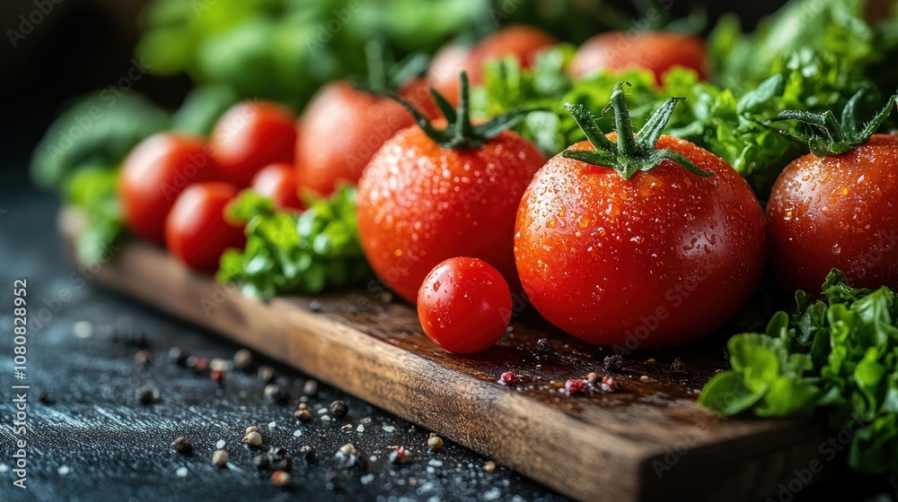 Fresh tomatoes and greens on a wooden board, showcasing produce. Fresh tomatoes and greens on a wooden board, showcasing produce.
