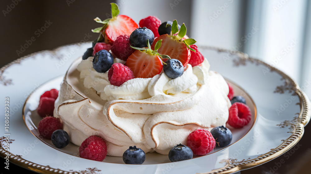 Pavlova classic dessert on white plate topped with strawberries and blueberries, close-up photo, macro, generative AI Pavlova classic dessert on white plate topped with strawberries and blueberries, close-up photo, macro, generative AI