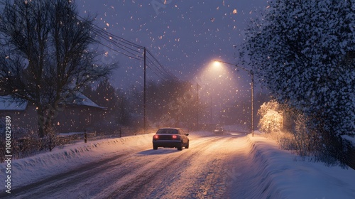 Snowy road in the countryside, trees on both sides of the street, car driving down the snowy road, snow falling from the sky, nighttime, photorealistic.